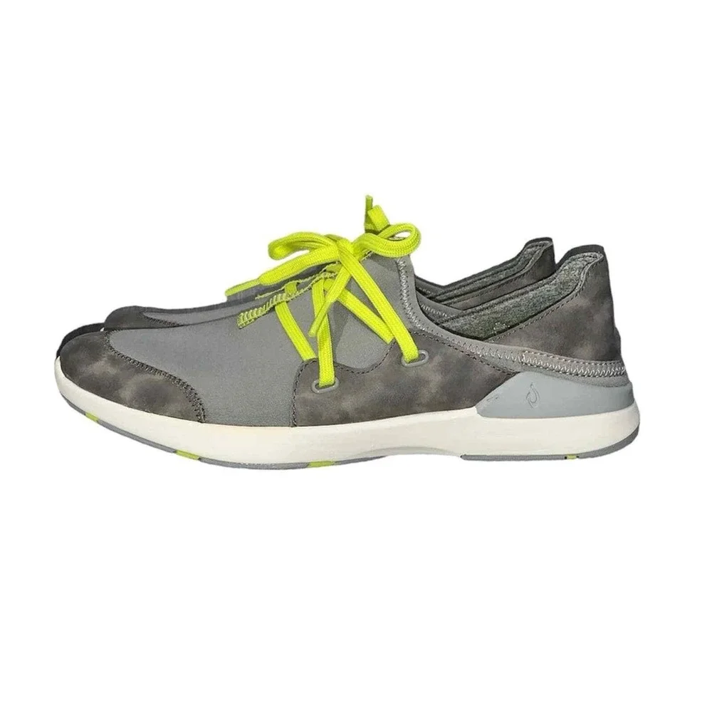OluKai Miki Li Sneakers Womens 10 Gray Neon Yellow Drop-In Heel 20366-PG26